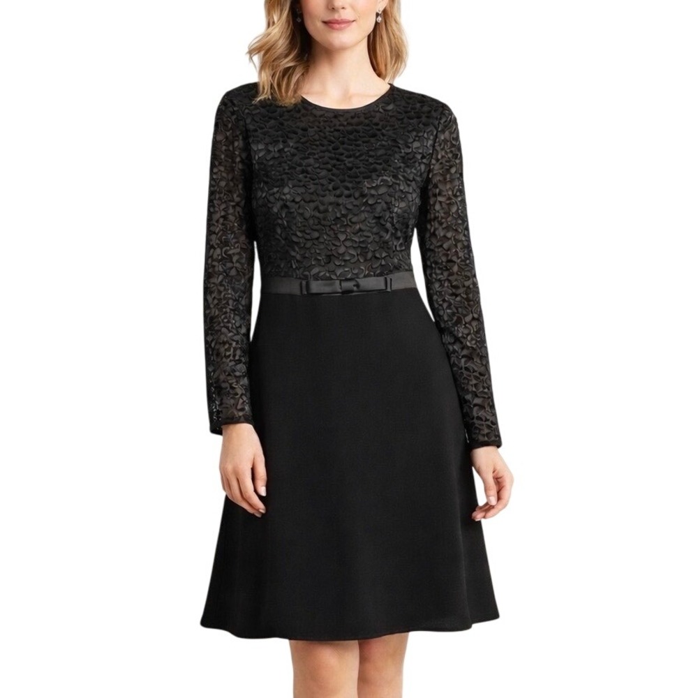 Luciano Choi Black Textured Floral Long‎ Sleeve LBD Cocktail Dress Size M (8-10)